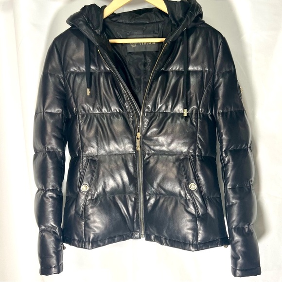Versace Lambskin Goose PRISTINE Down Jacket Hood Coat Medusa 38 Medium Leather - Picture 1 of 13